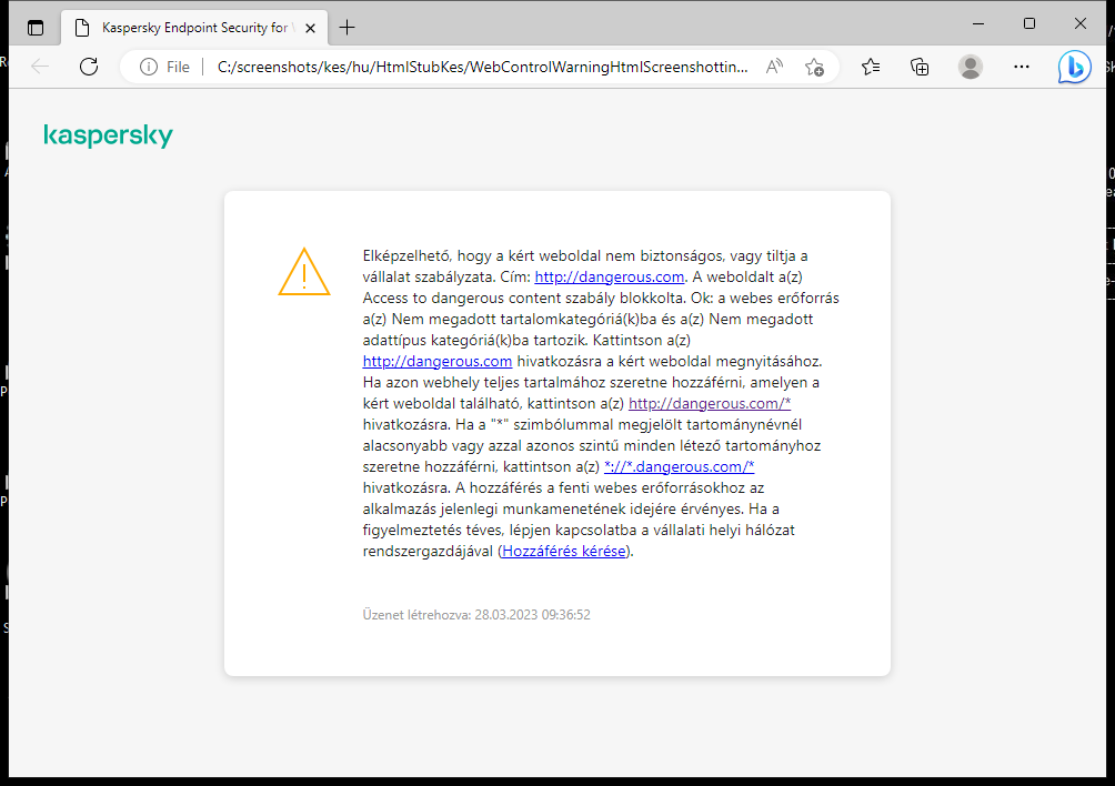 A Kaspersky értesítése egy esetlegesen nem biztonságos weboldal meglátogatásáról a böngészőablakban. A felhasználó kérést hozhat létre a webes erőforrás eléréséhez.