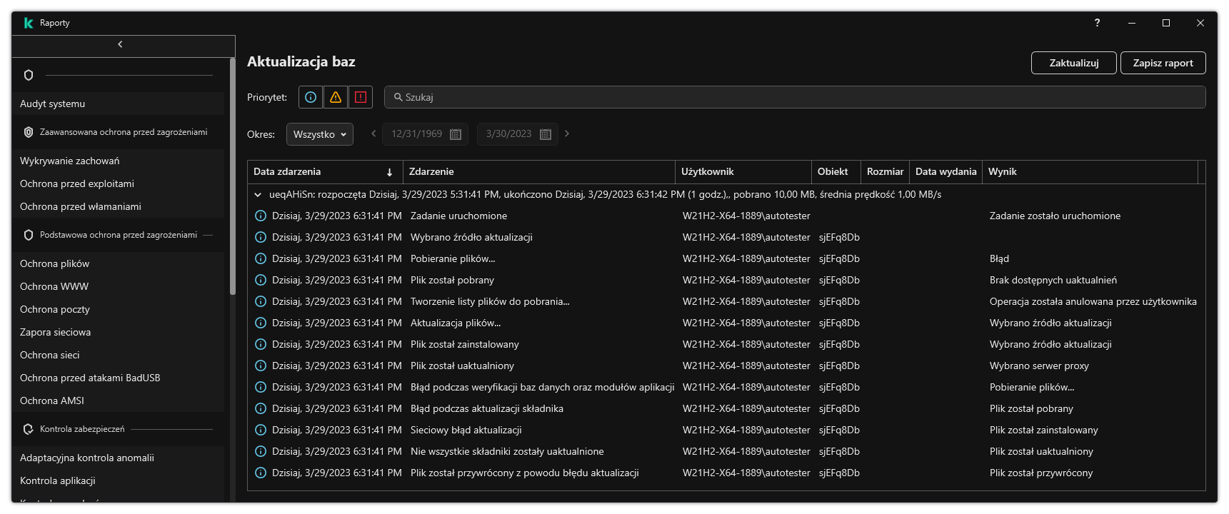 Okno z listą zdarzeń w raporcie. Użytkownik ma możliwość filtrowania/sortowania zdarzeń oraz zapisywania raportów do pliku.