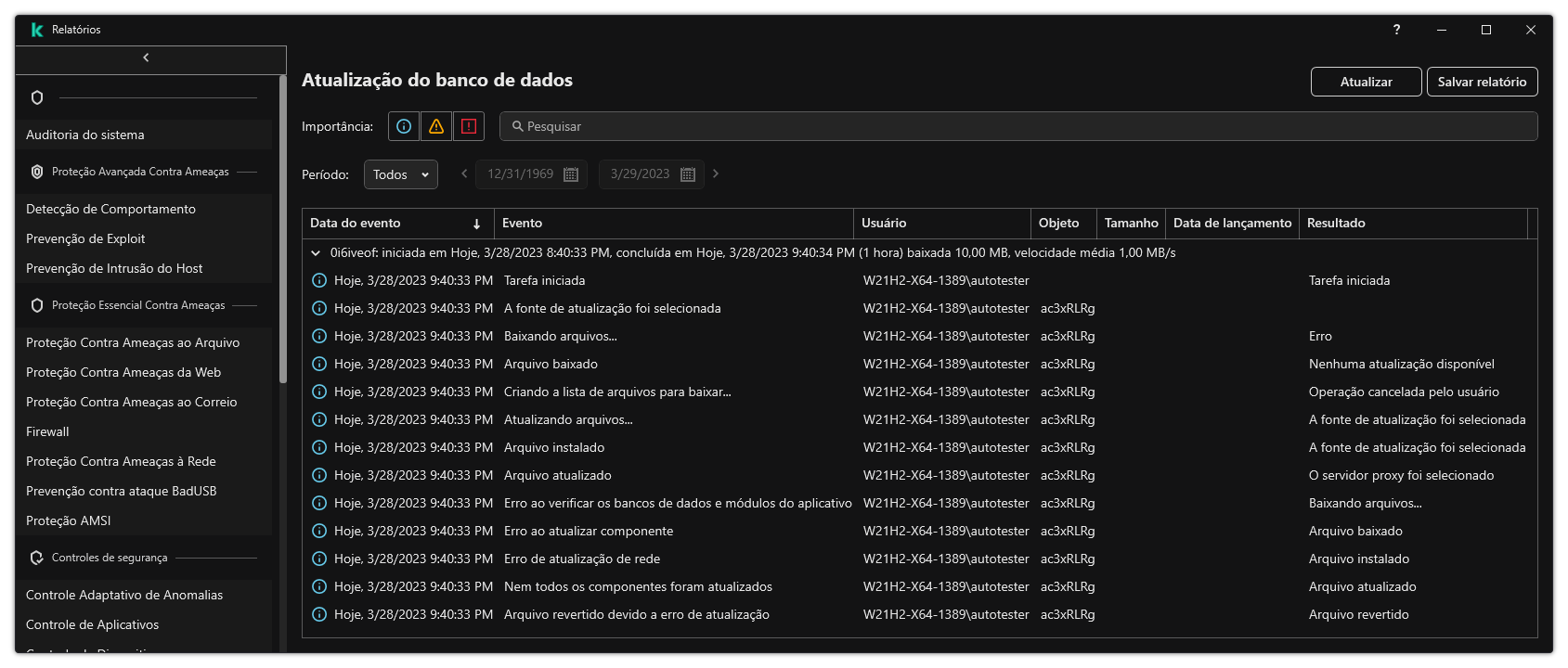 Uma janela com a lista de eventos no relatório. O usuário pode filtrar/classificar os eventos e salvar os relatórios em um arquivo.