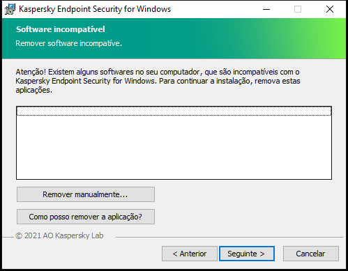 Janela de instalação com uma lista do software incompatível. O utilizador pode iniciar a remoção do software incompatível.
