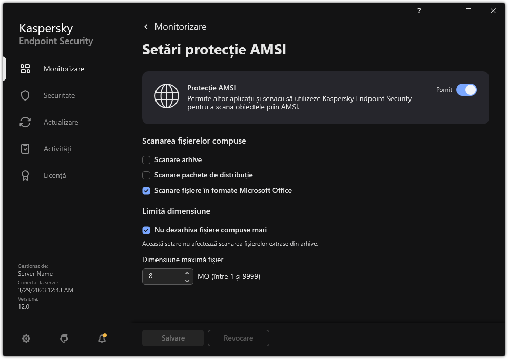Fereastra de setări Protecție AMSI.