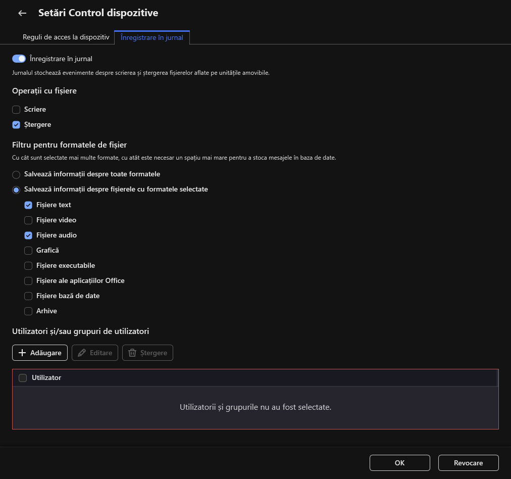 Fereastra pentru configurarea înregistrării în jurnal a evenimentelor despre utilizarea unităților amovibile. Utilizatorul poate selecta evenimentele care urmează să fie înregistrate în jurnal.