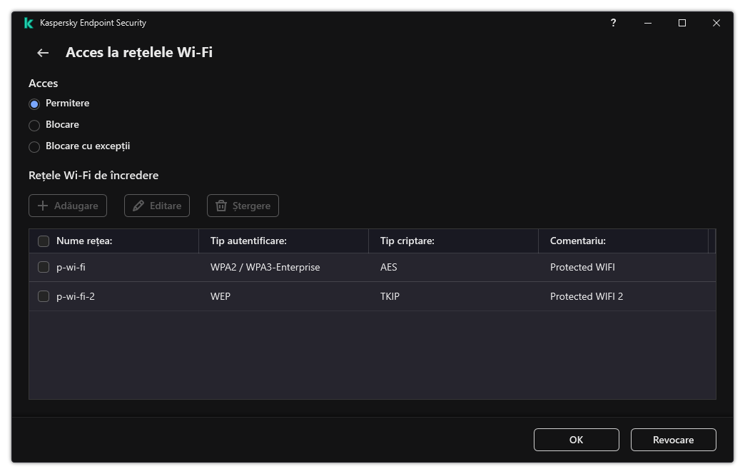 O fereastră cu lista rețelelor Wi-Fi. Utilizatorul poate configura accesul la toate rețelele Wi-Fi și poate adăuga rețele Wi-Fi de încredere.