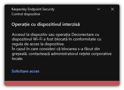 Notificare despre o conexiune Wi-Fi blocată. Utilizatorul poate crea o solicitare de conectare la rețeaua Wi-Fi.