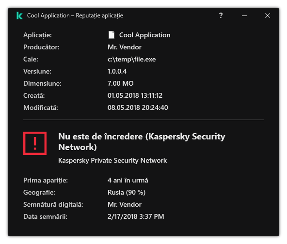 Fereastra conține informații despre reputația fișierului și alte date, cum ar fi prezența unei semnături digitale.