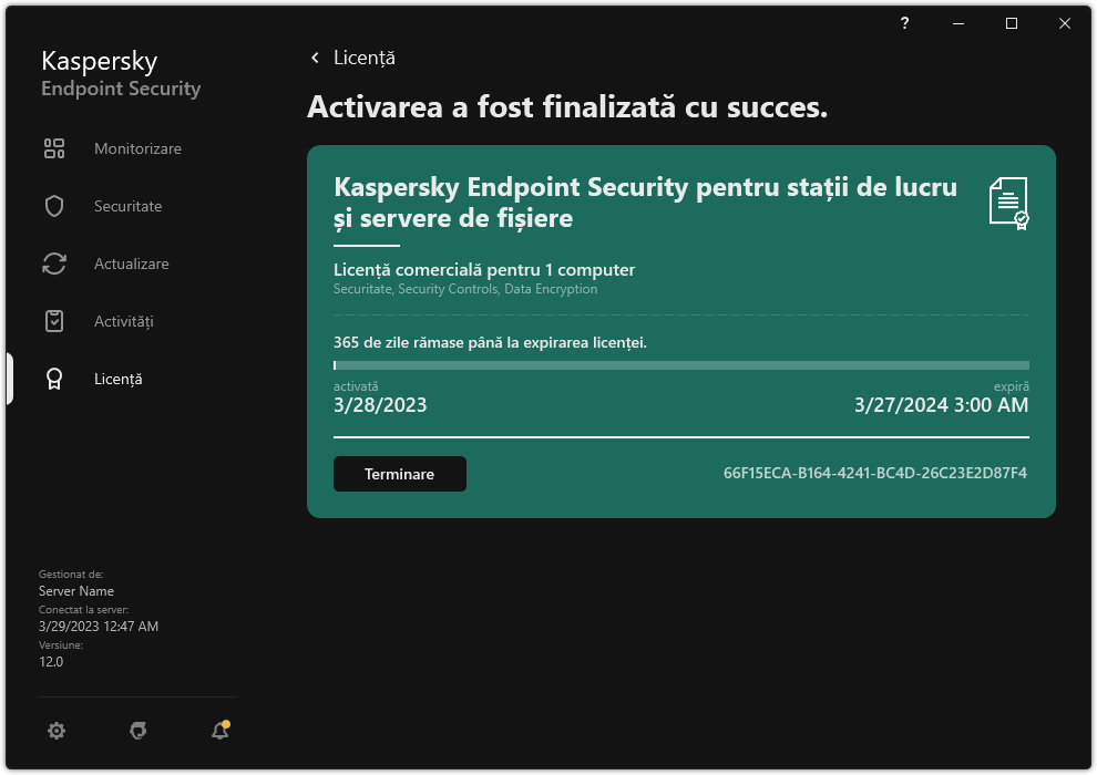 Fereastra conține informații despre licență: data expirării, funcțiile disponibile și alte informații.