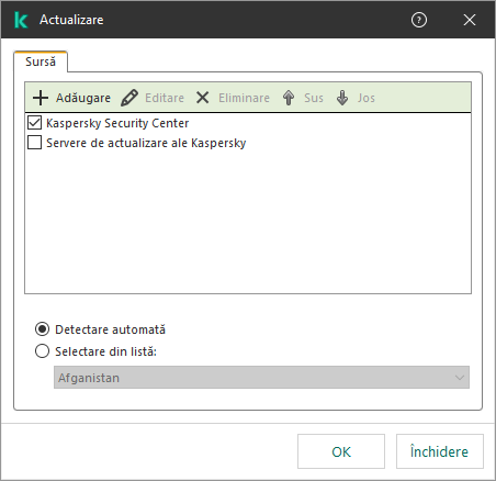 O fereastră cu lista surselor de actualizare. Utilizatorul poate adăuga surse de actualizare și poate atribui o prioritate sursei.