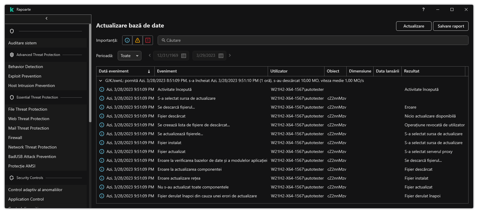 O fereastră cu lista de evenimente din raport. Utilizatorul poate filtra/sorta evenimente și poate salva rapoarte într-un fișier.