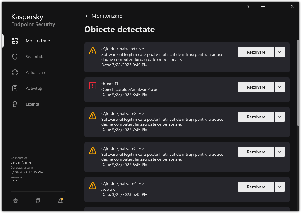 O fereastră cu lista obiectelor detectate. Sunt afișate informații despre obiect. Utilizatorul poate rezolva sau elimina obiectul.