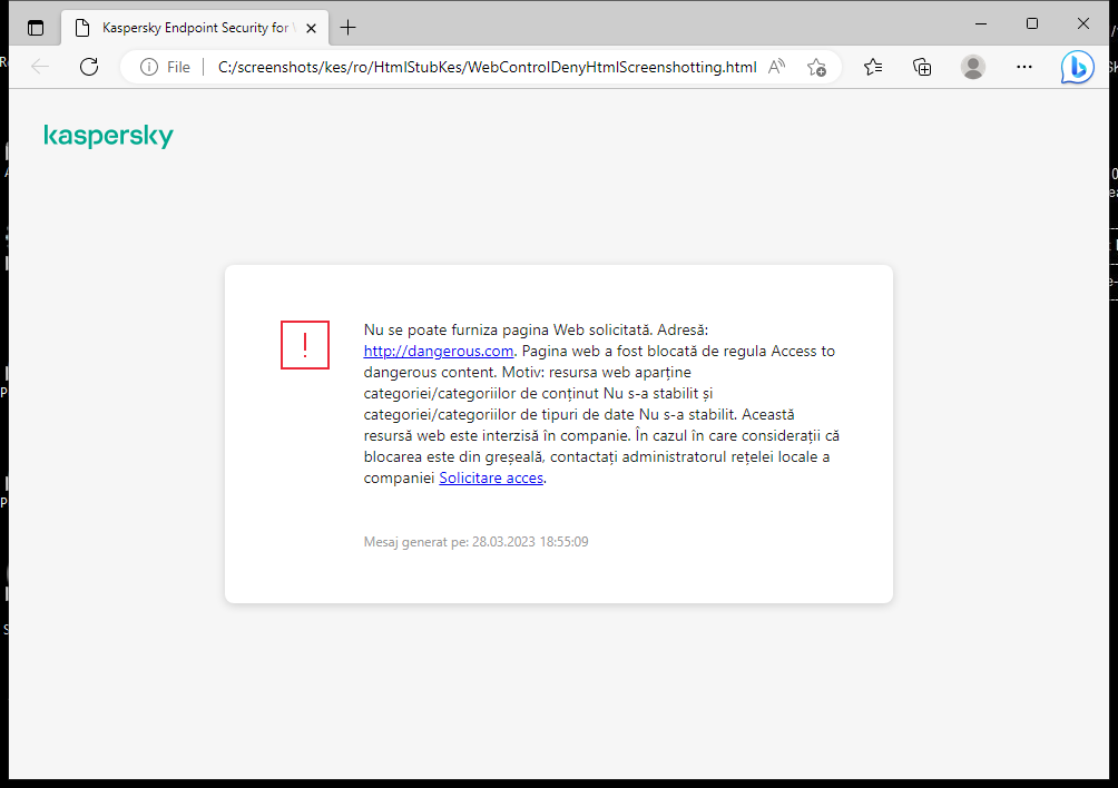 Notificare Kaspersky despre blocarea accesului la pagina web în fereastra browserului. Utilizatorul poate crea o solicitare de accesare a resursei web.