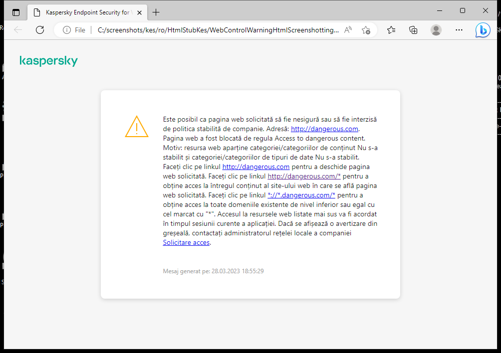 Notificare Kaspersky despre vizitarea unei pagini web nesigure în fereastra browserului. Utilizatorul poate crea o solicitare de accesare a resursei web.
