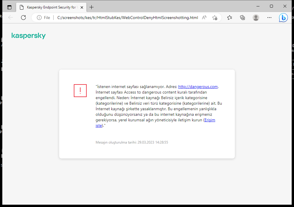 Tarayıcı penceresinde web sayfasına erişimin engellenmesi hakkında Kaspersky bildirimi. Kullanıcı, web kaynağına erişmek için bir istek oluşturabilir.