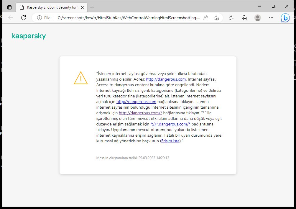 Tarayıcı penceresinde muhtemelen güvenli olmayan bir web sayfasının ziyaret edilmesiyle ilgili Kaspersky bildirimi. Kullanıcı, web kaynağına erişmek için bir istek oluşturabilir.