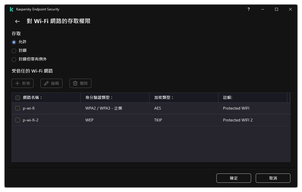 包含 Wi-Fi 網路清單的視窗。使用者可以配置對所有 Wi-Fi 網路的存取並新增受信任的 Wi-Fi 網路。