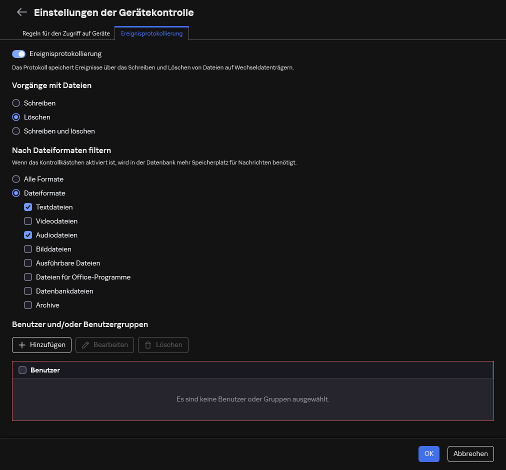 Das Konfigurationsfenster für die Protokollierung von Ereignissen, die sich auf die Verwendung von Wechseldatenträgern beziehen. Der Benutzer kann die zu protokollierenden Ereignisse auswählen.
