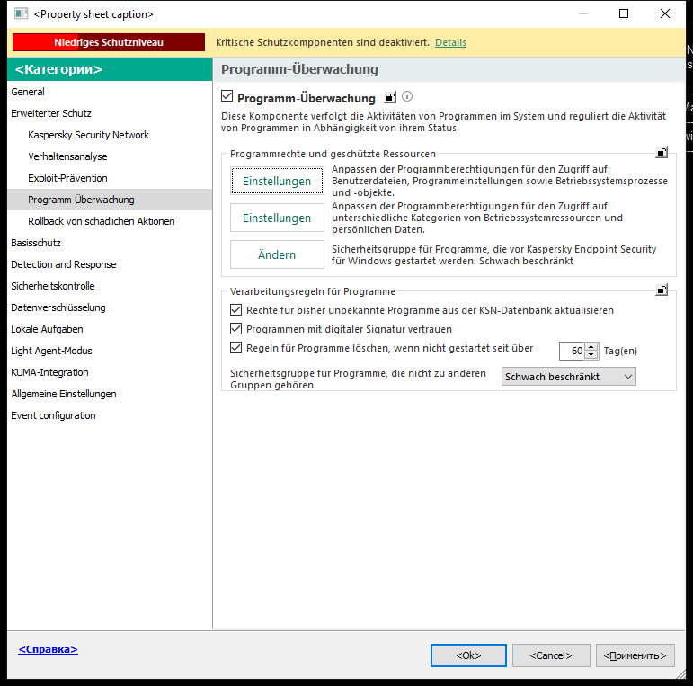 Fenster &bdquo;Einstellungen der Programm-Überwachung&ldquo;.
