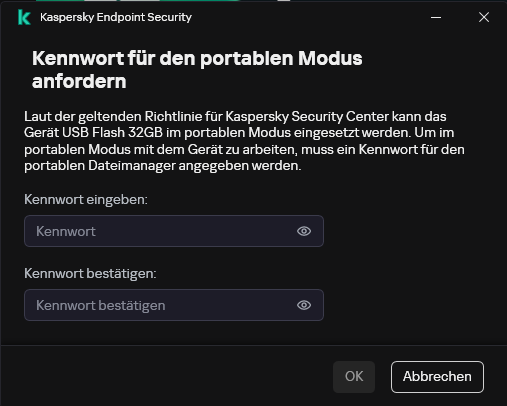 Das Fenster enthält Felder zur Eingabe und Bestätigung des Kennworts.