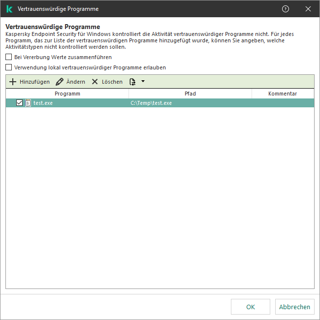 Ein Fenster mit der Liste der vertrauenswürdigen Apps. Der Benutzer kann eine vertrauenswürdige App hinzufügen, bearbeiten oder entfernen.