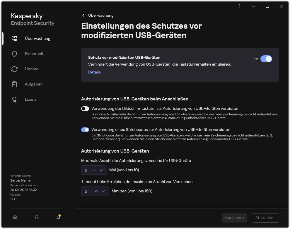 Fenster mit Einstellungen für den Schutz vor modifizierten USB-Geräten.