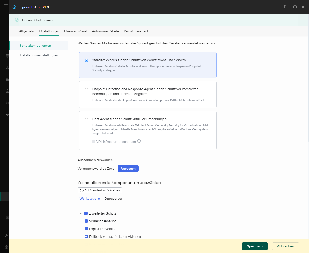 Eigenschaftenfenster des Installationspakets. Sie können auswählen, welche App-Komponenten Sie einbeziehen möchten.