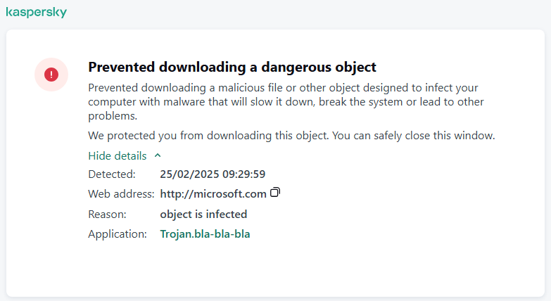 Kaspersky notification about preventing malicious object from loading in the browser window.