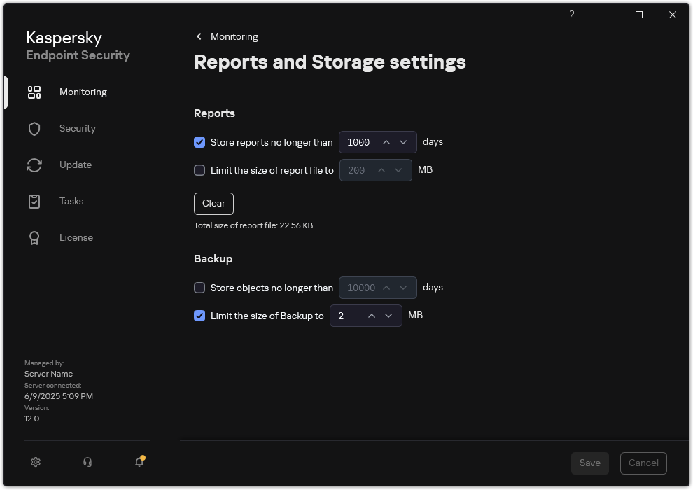 Reports and Storage settings window. The user can set the size and limit the storage time of reports and objects in the repository.
