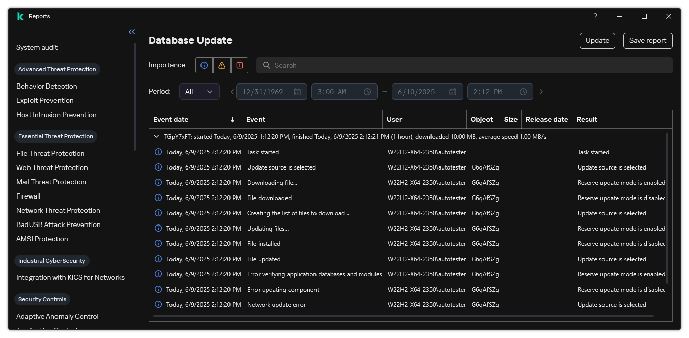 A window with the list of events in the report. The user can filter/sort events and save reports to a file.
