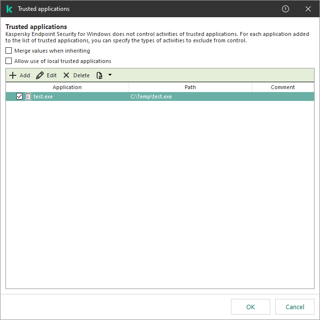 A window with the list of trusted applications. The user can add, edit or remove a trusted application.