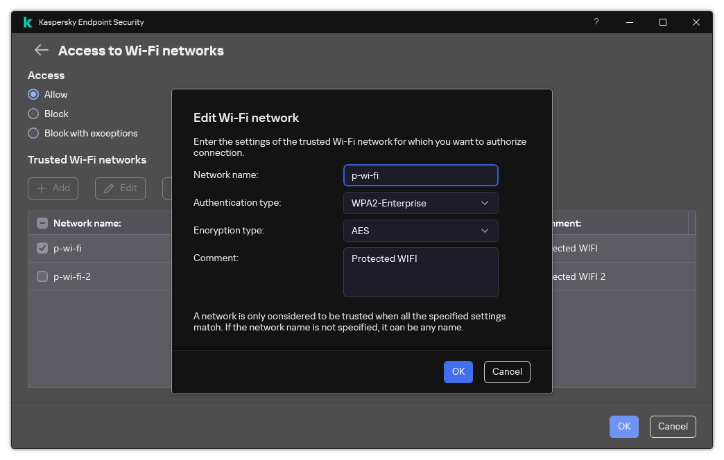 The window contains the settings of the trusted Wi-Fi network.