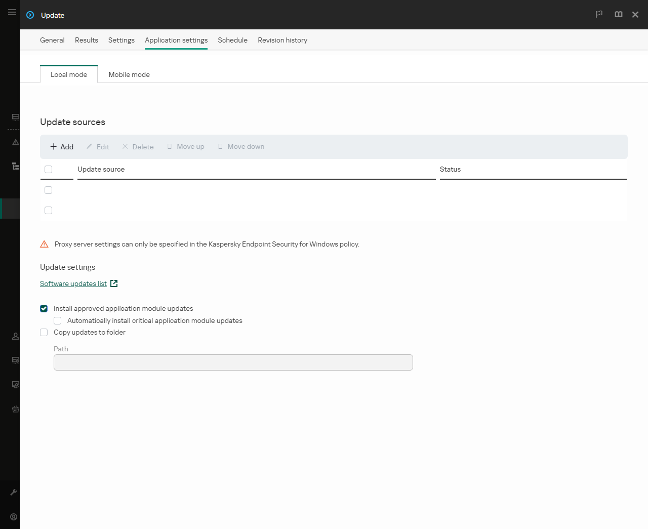 A window with the list of update sources. The user can add update sources and assign a priority to the source.