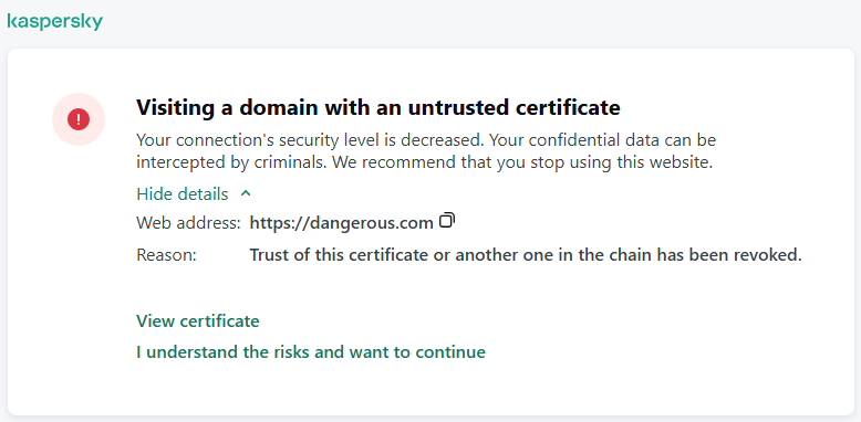 Kaspersky notification about visiting a domain with an untrusted certificate in the browser window. The user can continue working.