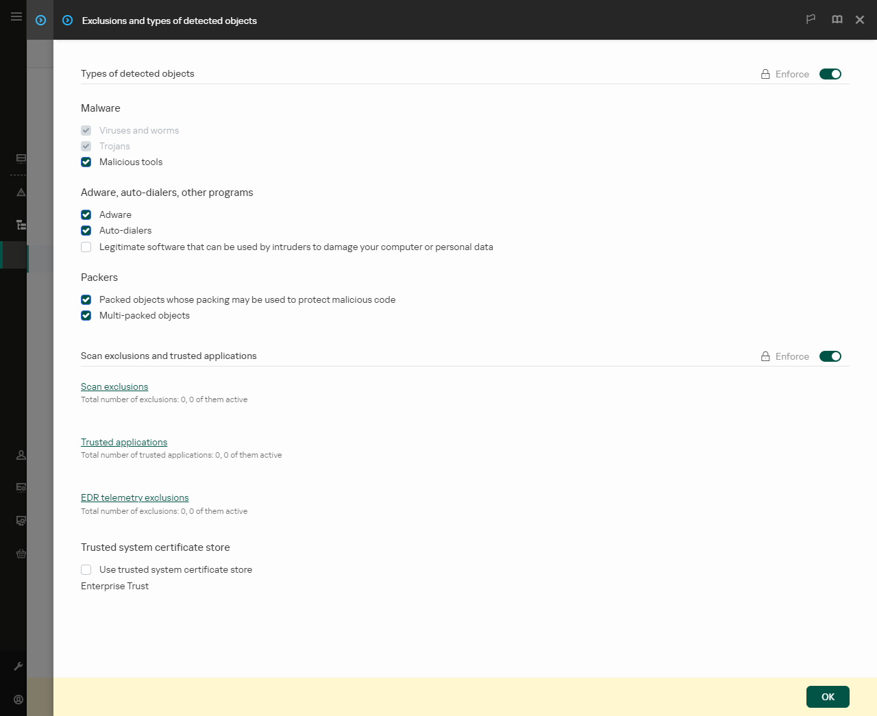 Exclusion settings window. The user can add exclusions and trusted applications.