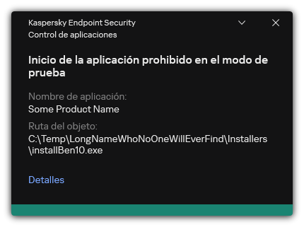 Notificación de que se prohíbe el inicio de la aplicación en modo de prueba. El usuario puede ver información detallada sobre la regla.
