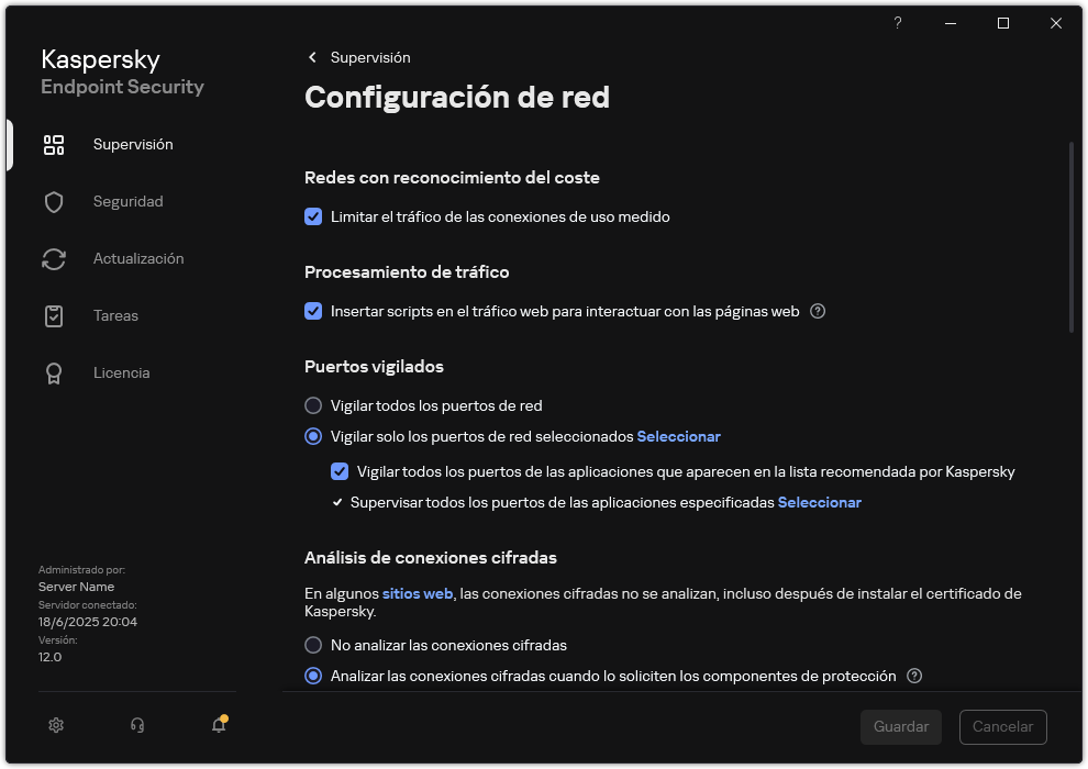 Ventana de configuración de red de la aplicación.