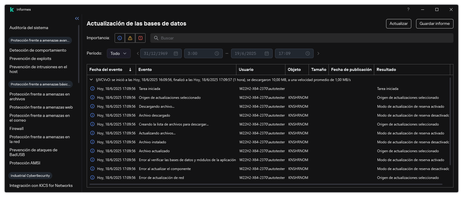 Una ventana con la lista de eventos del informe. El usuario puede filtrar/ordenar eventos y guardar informes en un archivo.