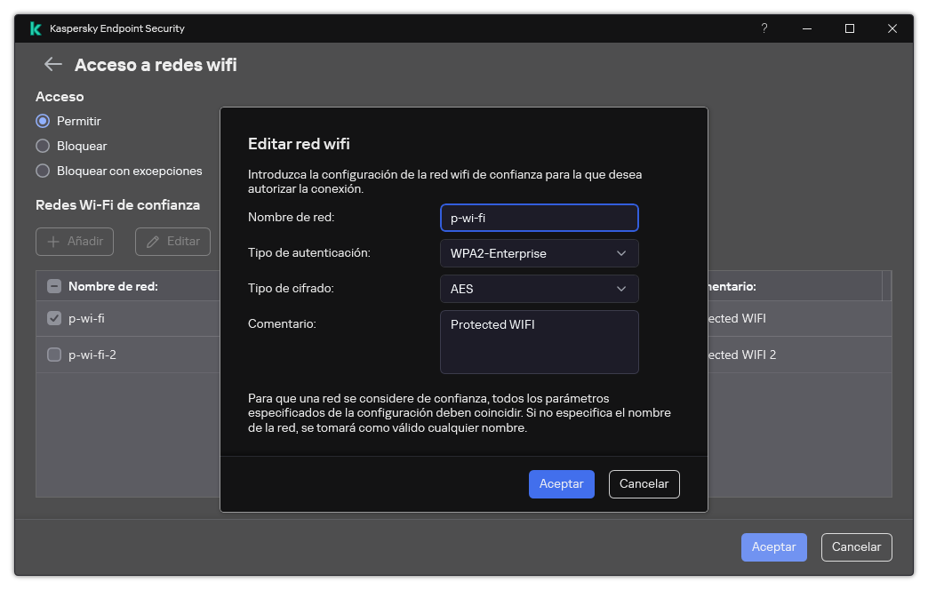 La ventana contiene la configuración de la red wifi de confianza.