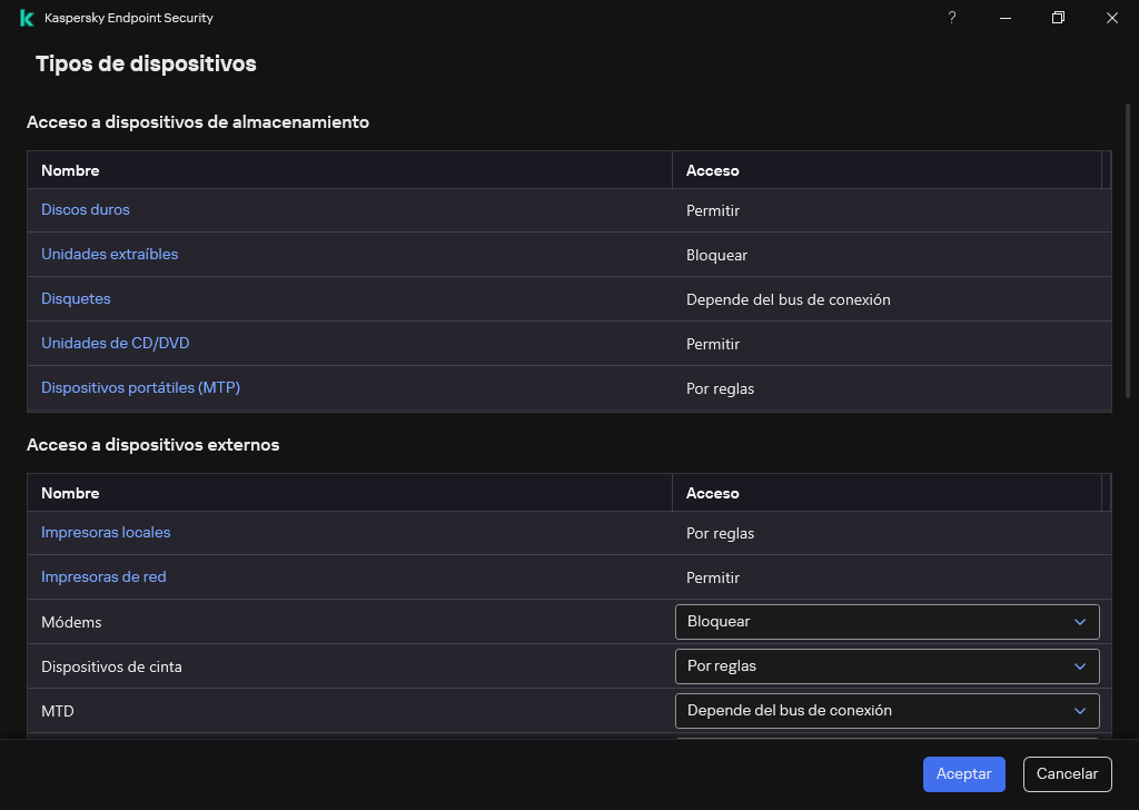 Ventana para configurar el acceso a los dispositivos. El usuario puede configurar el acceso a los dispositivos y establecer parámetros de acceso adicionales, como la programación de acceso.