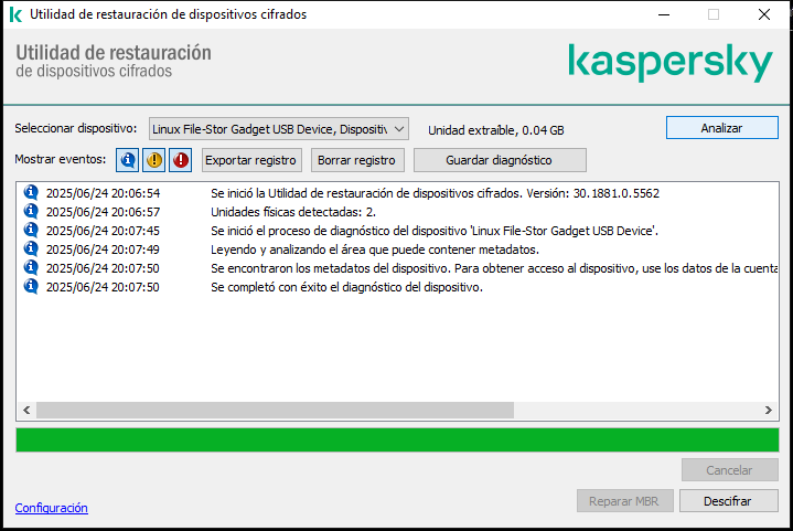 Una ventana con la lista de eventos de utilidad. El usuario puede ejecutar diagnósticos y descifrar el dispositivo seleccionado.