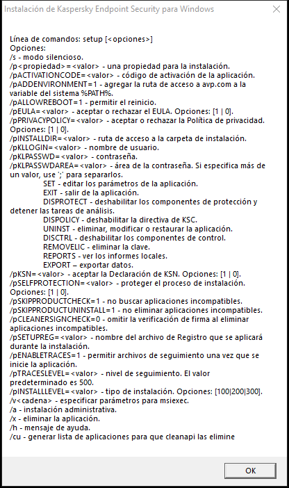 Ventana de información sobre herramientas en la que se describen las opciones de comando para instalar la aplicación a través de CMD.