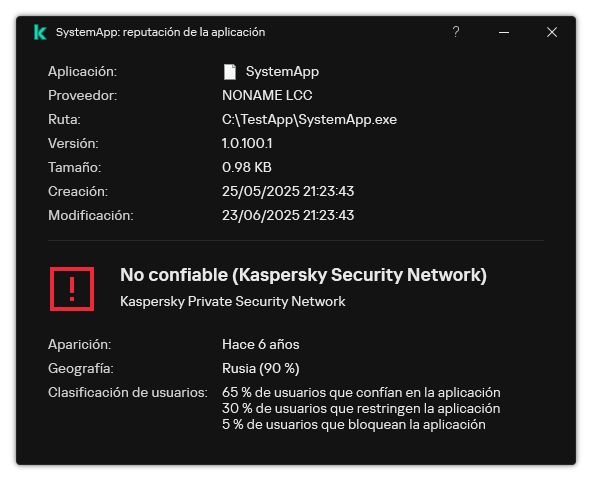 La ventana contiene información sobre la reputación del archivo y otros datos, como la presencia de una firma digital.