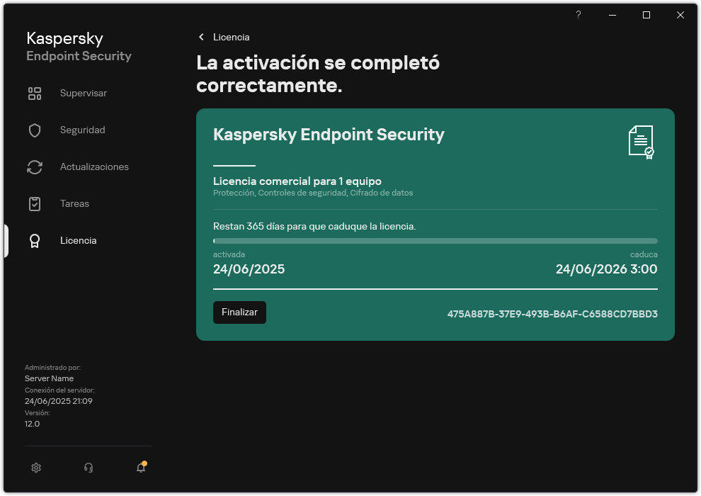 La ventana contiene información sobre la licencia: fecha de caducidad, funciones disponibles y otra información.