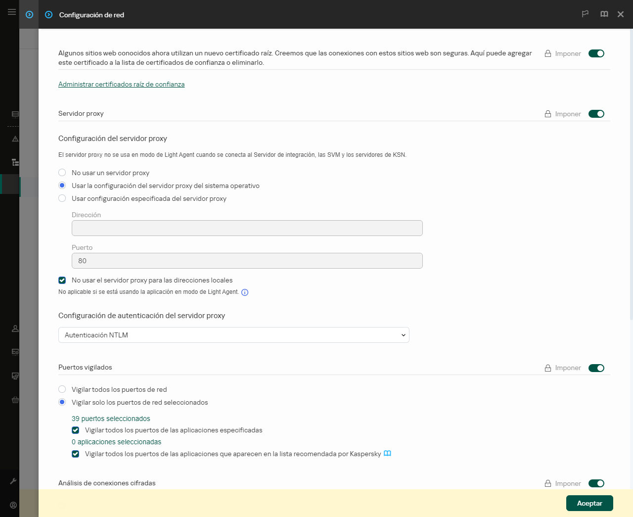 Ventana Configuración de red de la aplicación. El usuario puede configurar el servidor proxy.