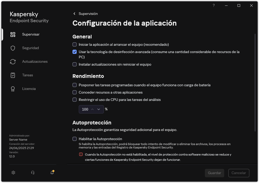 Ventana de Configuración de las aplicaciones. El usuario puede configurar el rendimiento, la autoprotección y otras opciones.