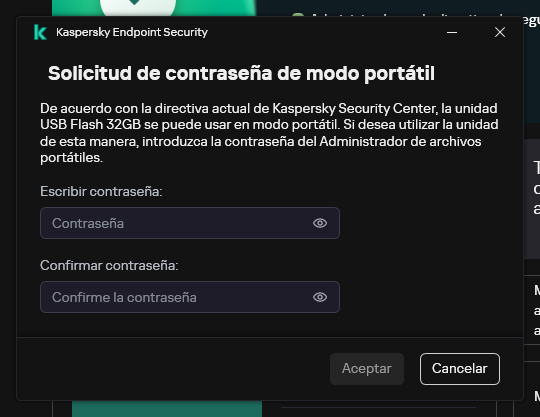 La ventana contiene campos para ingresar y confirmar la contraseña.