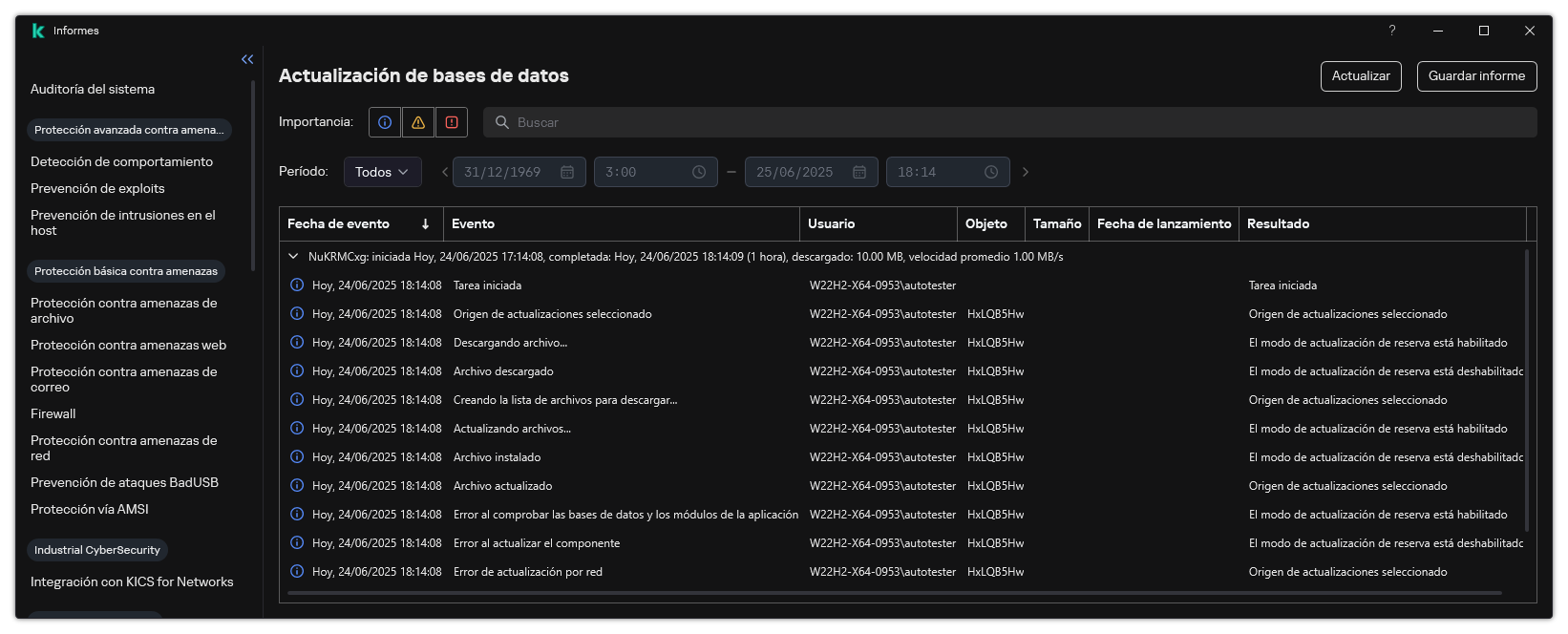 Una ventana con la lista de eventos en el informe. El usuario puede filtrar/ordenar eventos y guardar informes en un archivo.