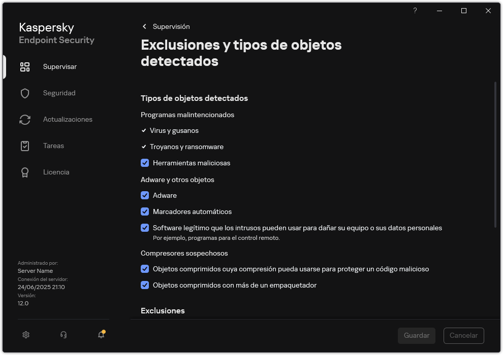 Ventana Configuración de exclusiones. El usuario puede seleccionar tipos de objetos detectados y agregar objetos a exclusiones.