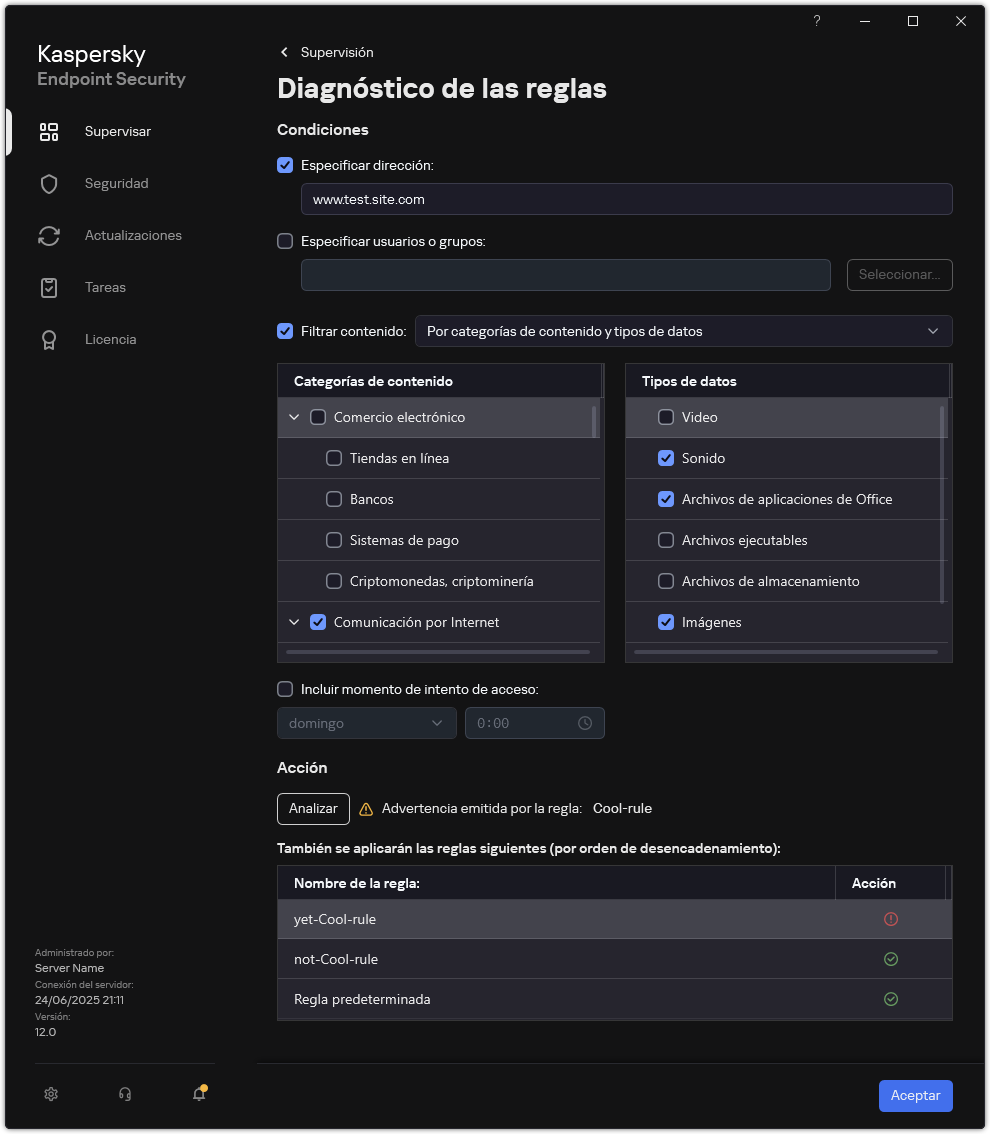 Ventana de resultados de la prueba del recurso web.