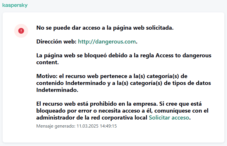 Notificación de Kaspersky sobre el bloqueo del acceso a la página web en la ventana del navegador. El usuario puede crear una solicitud para acceder al recurso web.