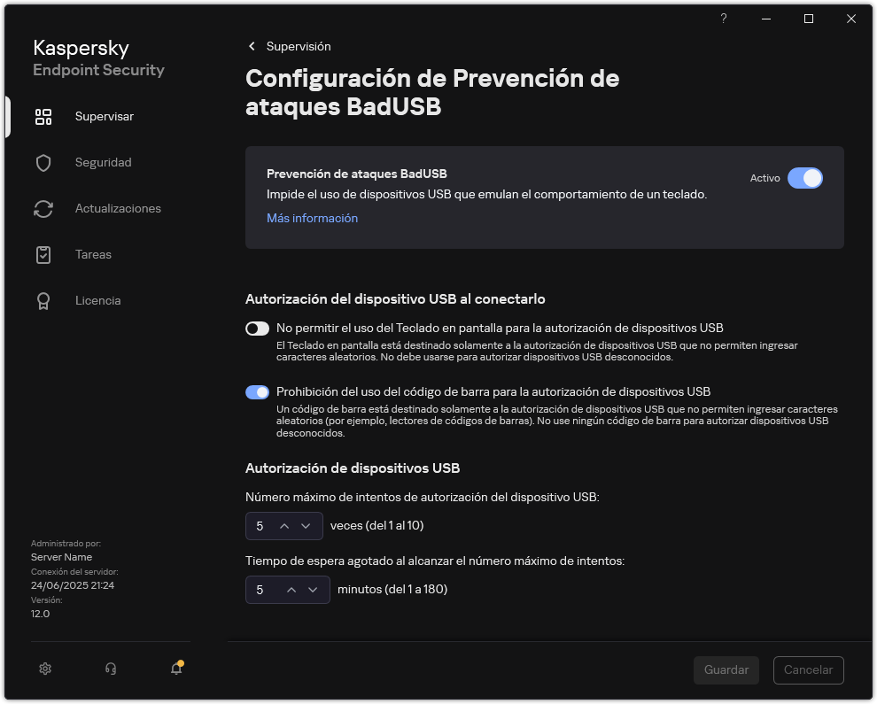 Ventana de configuración de Prevención de ataques BadUSB.