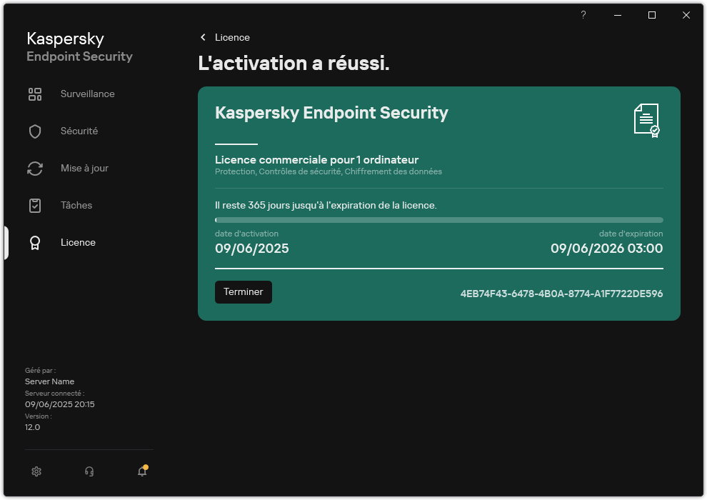 La fenêtre contient des informations sur la licence : date d'expiration, fonctions disponibles et autres informations.